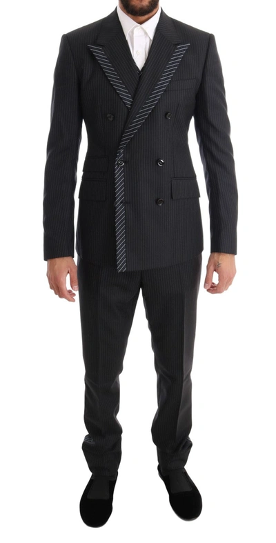 Shop Dolce & Gabbana Elegant Gray Striped Wool Silk Men's 3-piece Men's Suit