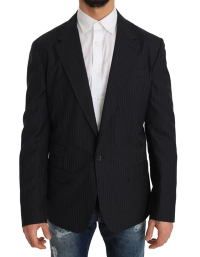 Shop Dolce & Gabbana Elegant Slim Fit Striped Wool Silk Men's Blazer In Gray