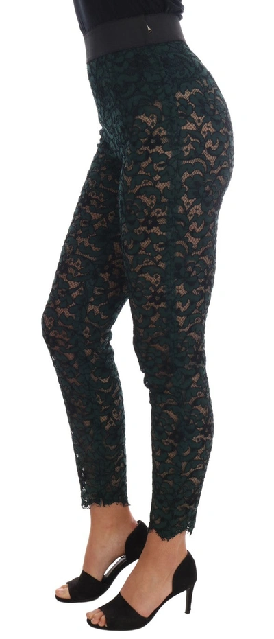 Shop Dolce & Gabbana Green Floral Lace Leggings Women's Pants