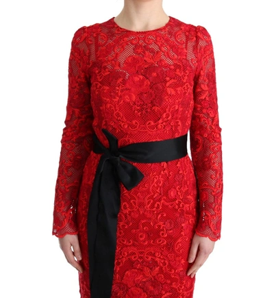 Shop Dolce & Gabbana Elegant Red Sheath Dress With Silk Bow Women's Belt