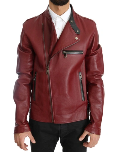 Shop Dolce & Gabbana Radiant Red Leather Biker Motorcycle Men's Jacket