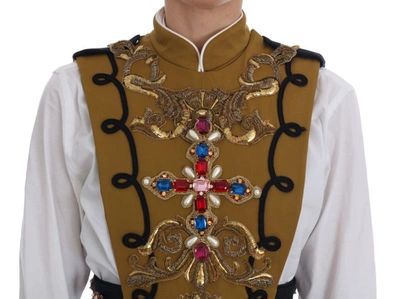 Shop Dolce & Gabbana Runway Embellished Crystal Cross Women's Vest In Yellow
