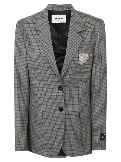 Msgm Embellished Single Breasted Checked Blazer In Grey