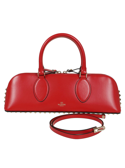 Shop Valentino E/w Duffle Bag Rockstud Vitello Lucido/plat.studs In Rouge Pur