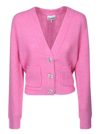 Shop Ganni Wool Cardigan Fucsia In Pink