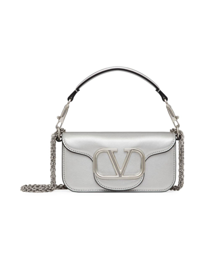 Shop Valentino Women's Small Locò Metallic Calfskin Shoulder Bag In Silver