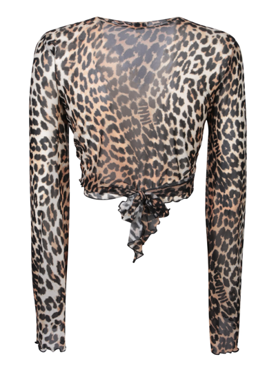 Shop Ganni Leopard Print Cropped Blouse In Multi