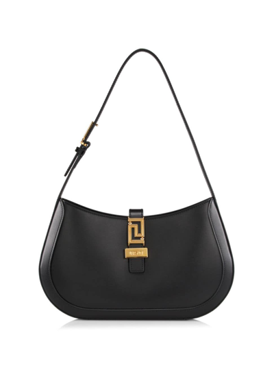 Shop Versace Women's Greca Large Leather Hobo Bag In Black