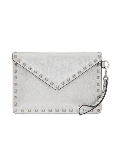 Shop Valentino Women's Rockstud Metallic Grainy Calfskin Clutch Bag In Silver