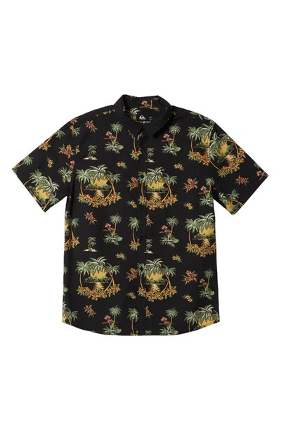 Shop Quiksilver Palm Spritz Floral Short Sleeve Button-up Shirt In Black