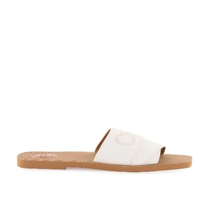 Shop Chloé White Cotton Slides Woody Sandals