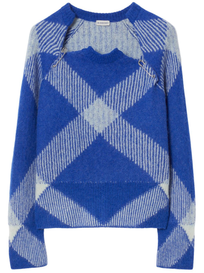Shop Burberry Blue Check-jacquard Alpaca-wool Blend Sweater