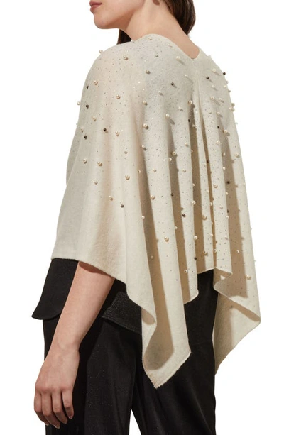 Ming Wang Imitation Pearl & Bead Detail Wool & Cashmere Poncho In White