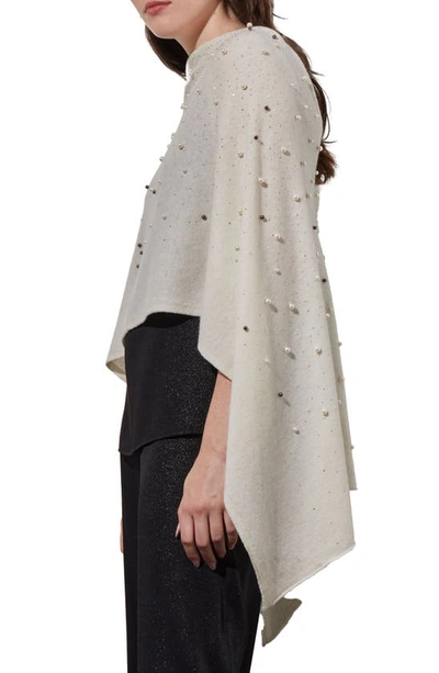 Ming Wang Imitation Pearl & Bead Detail Wool & Cashmere Poncho In White