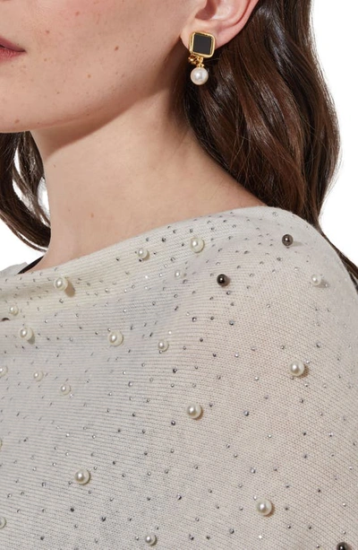 Ming Wang Imitation Pearl & Bead Detail Wool & Cashmere Poncho In White