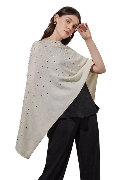 Ming Wang Imitation Pearl & Bead Detail Wool & Cashmere Poncho In White