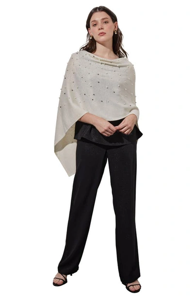 Ming Wang Imitation Pearl & Bead Detail Wool & Cashmere Poncho In White