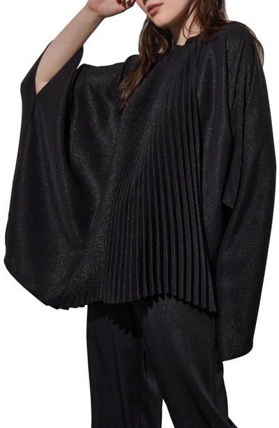 Shop Ming Wang Shimmering Pleated Woven Top In Black/ Silver