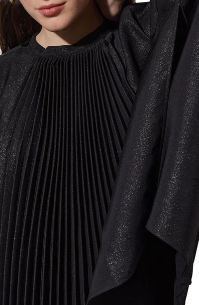 Ming Wang Shimmering Pleated Woven Top In Black/ Silver