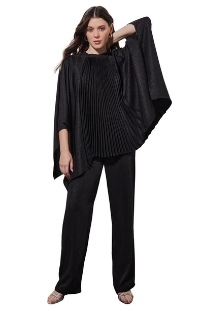 Ming Wang Shimmering Pleated Woven Top In Black/ Silver