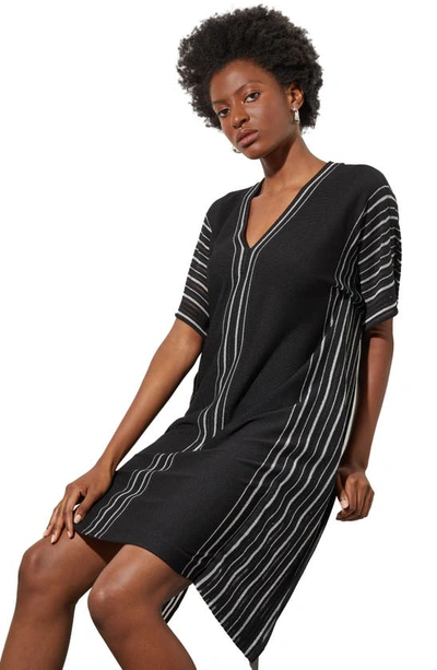 Shop Ming Wang Shimmer Stripe Knit Dress In Black/ Silver