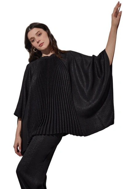Ming Wang Shimmering Pleated Woven Top In Black/ Silver