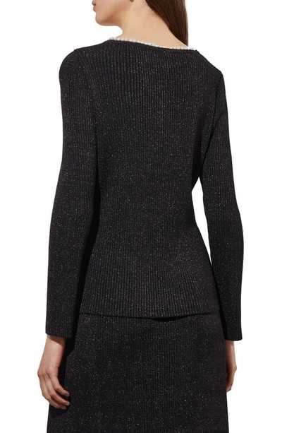 Shop Ming Wang Imitation Pearl Collar Shimmer Rib Sweater In Black/ Silver