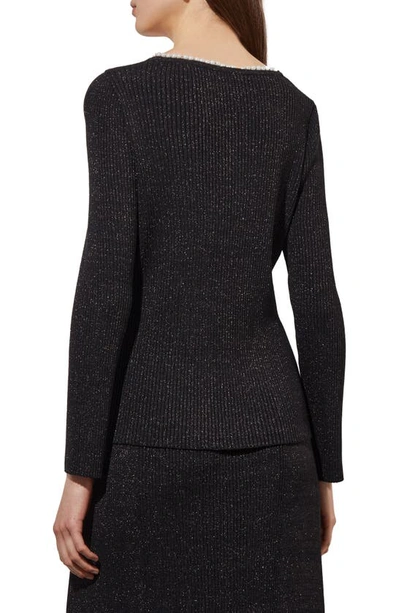 Ming Wang Imitation Pearl Collar Shimmer Rib Sweater In Black/ Silver