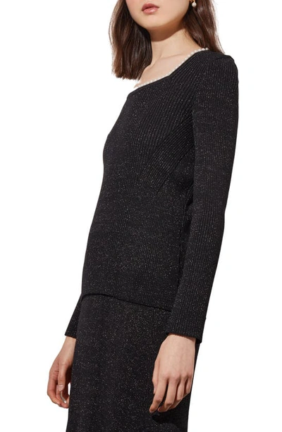 Ming Wang Imitation Pearl Collar Shimmer Rib Sweater In Black/ Silver