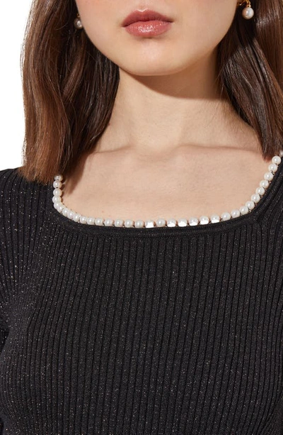 Ming Wang Imitation Pearl Collar Shimmer Rib Sweater In Black/ Silver