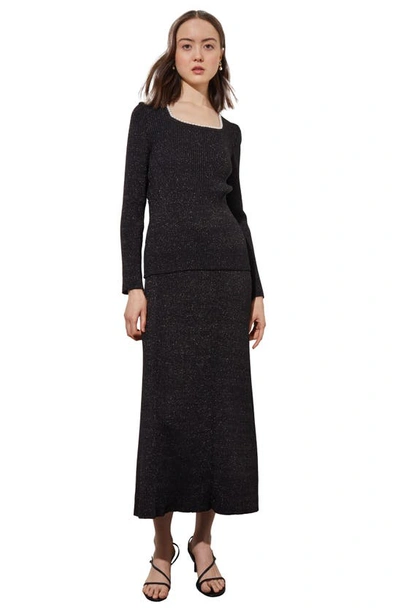Ming Wang Imitation Pearl Collar Shimmer Rib Sweater In Black/ Silver