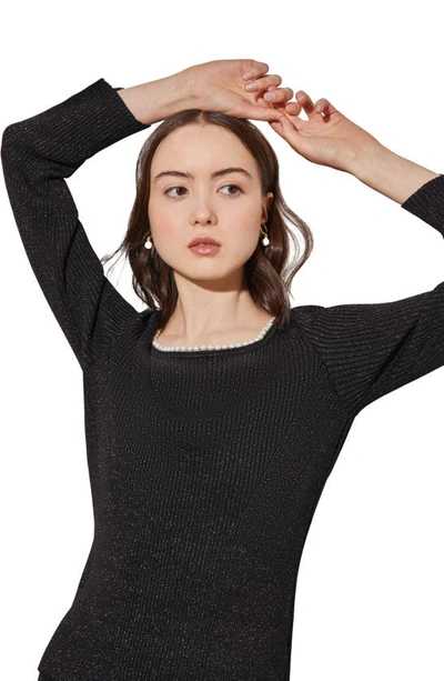 Ming Wang Imitation Pearl Collar Shimmer Rib Sweater In Black/ Silver