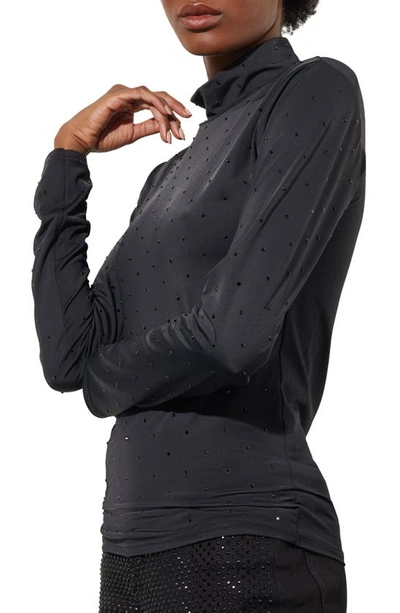 Ming Wang Crystal Detail Mock Neck Top In Black