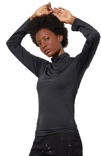Ming Wang Crystal Detail Mock Neck Top In Black