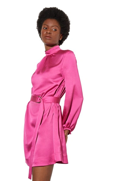 Shop Ming Wang Belted Long Sleeve Satin Minidress In Mulberry