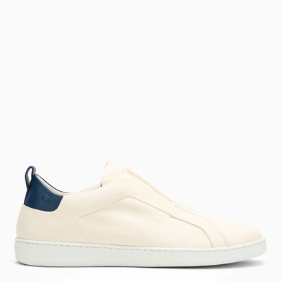 Shop Ferragamo Cream/blue Leather Slip Ons In White