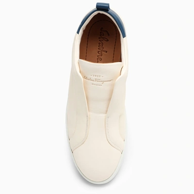 Shop Ferragamo Cream/blue Leather Slip Ons In White