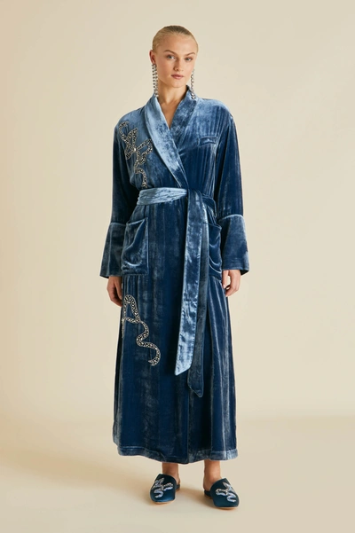 Shop Olivia Von Halle Capability Grace Blue Embellished Robe In Silk Velvet