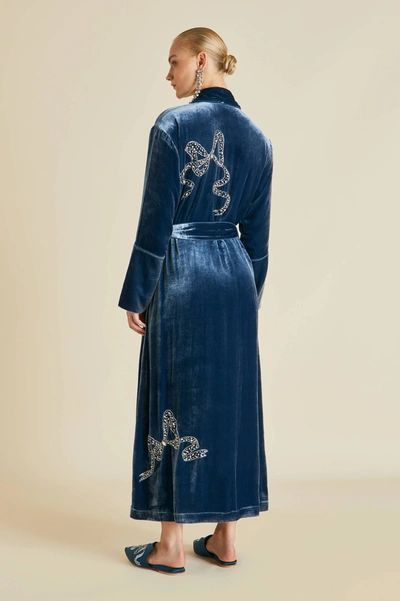 Shop Olivia Von Halle Capability Grace Blue Embellished Robe In Silk Velvet