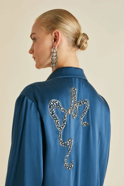 Shop Olivia Von Halle Fifi Grace Blue Embellished Silk Satin Pyjamas