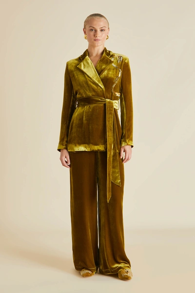 Shop Olivia Von Halle Jagger August Gold Embellished Silk Velvet Pyjamas