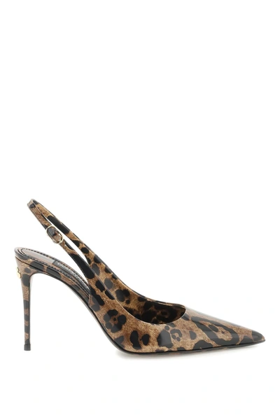 Shop Dolce & Gabbana Animalier Patent-leather Sling-back Pumps Women In Brown