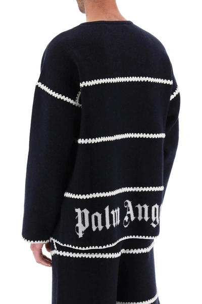 Shop Palm Angels Embroidered Jacquard Sweater Men In Blue