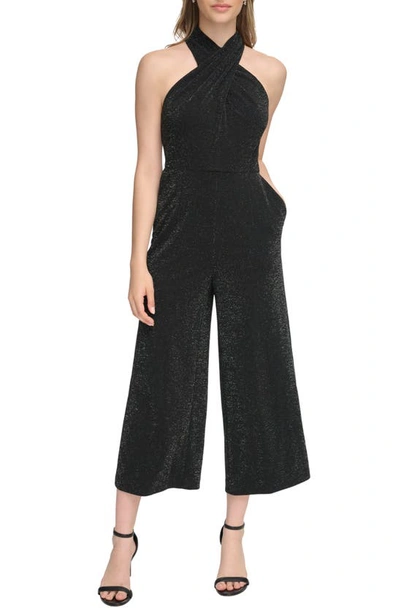 Shop Calvin Klein Metallic Crepe Crossover Halter Jumpsuit In Black