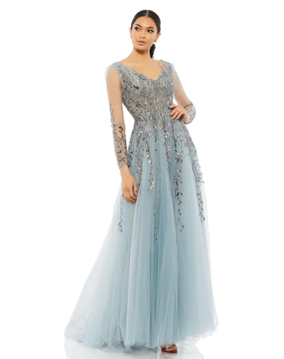 Shop Mac Duggal Embellished V Neck Long Sleeve A Line Gown In Blue