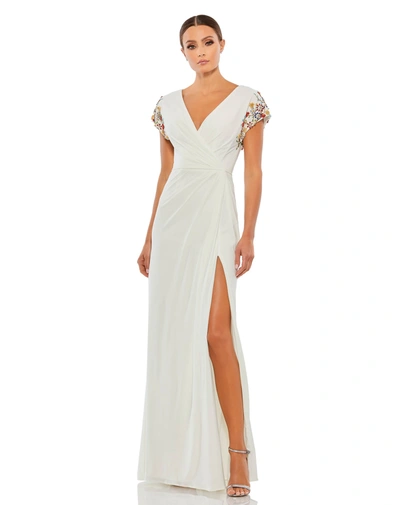 Shop Mac Duggal Embellished Sleeve Jersey Wrap Gown In White
