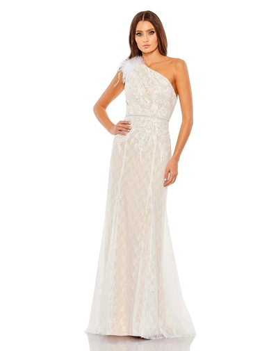 Shop Mac Duggal Lace Embellished Feathered One Shoulder Gown In White