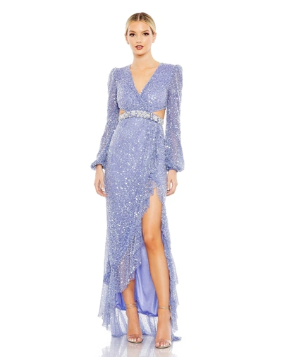 Shop Mac Duggal Sequined Faux Wrap Cut Out Puff Sleeve Gown In Blue