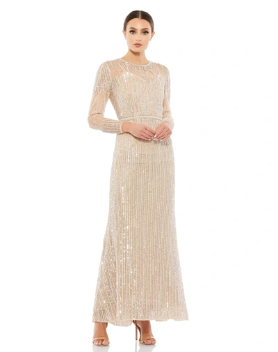 Shop Mac Duggal Sequined Illusion High Neck Long Sleeve Trumpet Gown In Beige
