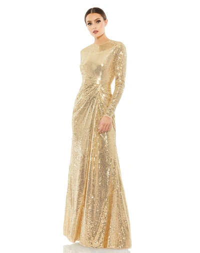 Shop Mac Duggal Sequined High Neck Long Sleeve Draped Gown In Yellow